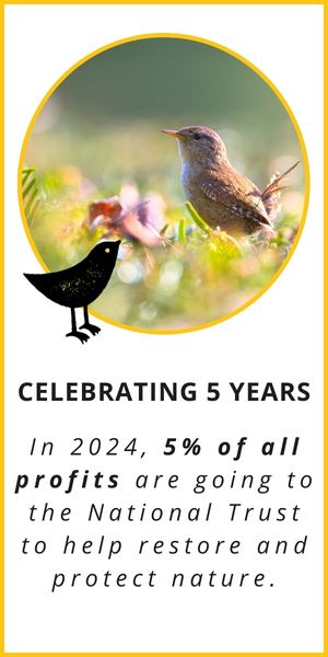 Portrait banner with a photo of a bird and text that reads "Celebrating 5 years. In 2024, 5% of all profits are going to the National Trust to help restore and protect nature."